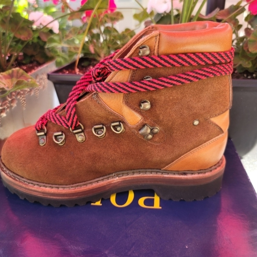 NEW Ralph Lauren Brown Suede Lace-Up Boots with Red Laces
